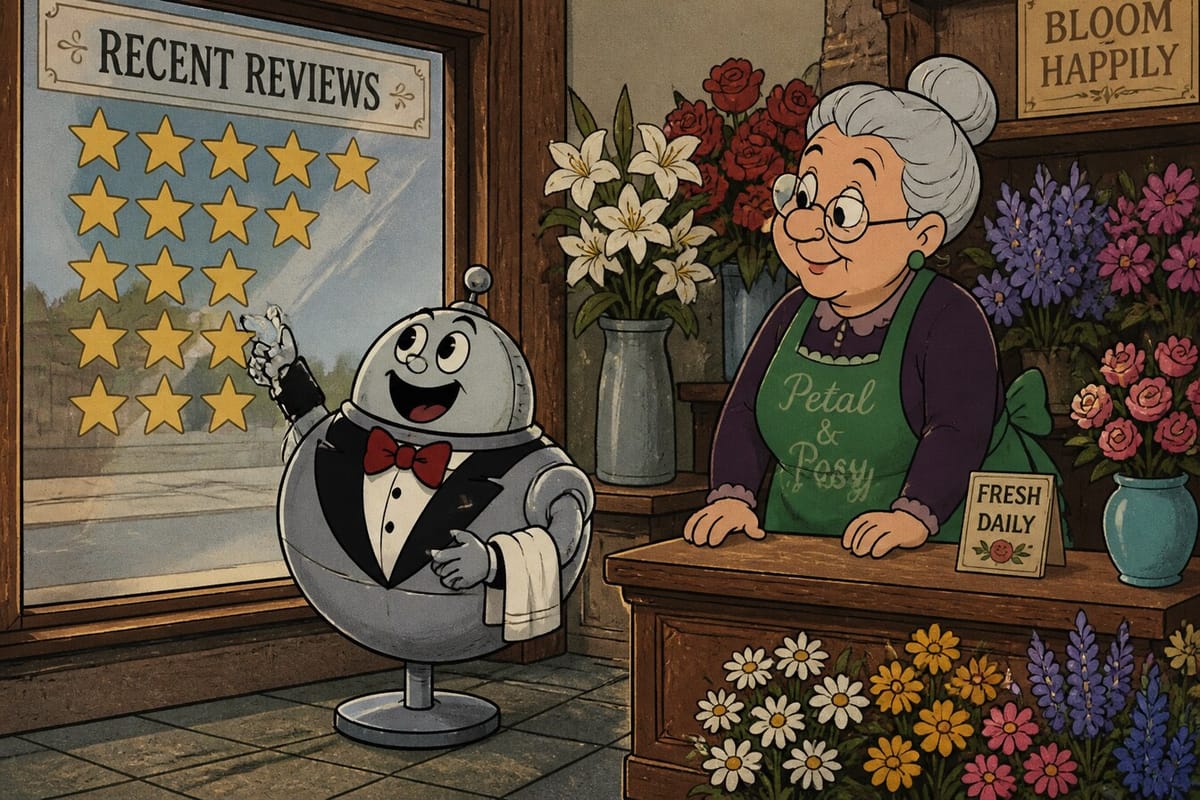 Cartoon still of a florist shop with a robot pointing to recent reviews