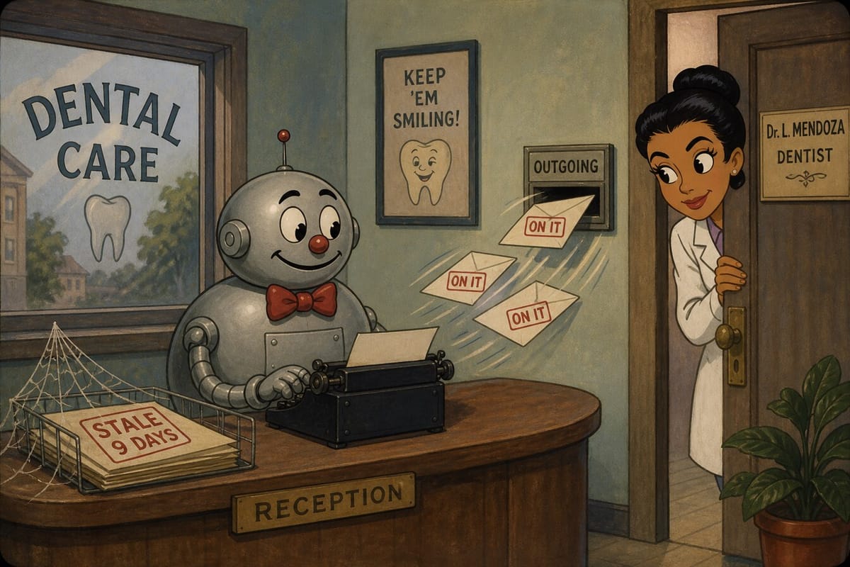 Cartoon still of a dental office robot typing ON IT replies