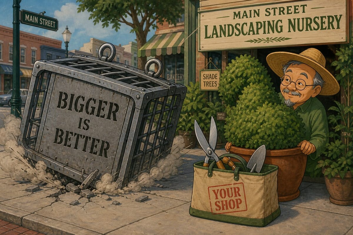 Cartoon still of a landscaper as a giant BIGGER IS BETTER crate crashes beside a right-sized YOUR SHOP tote