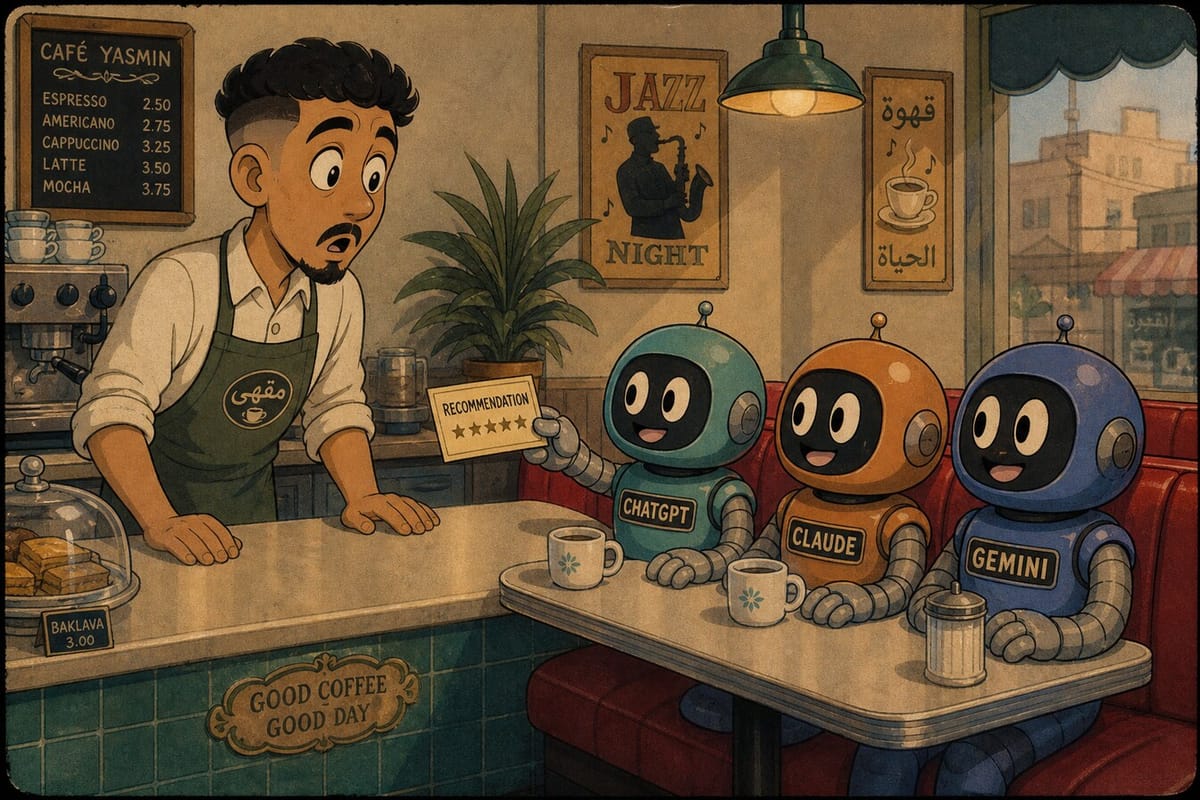Cartoon still of ChatGPT Claude and Gemini robots recommending a cafe