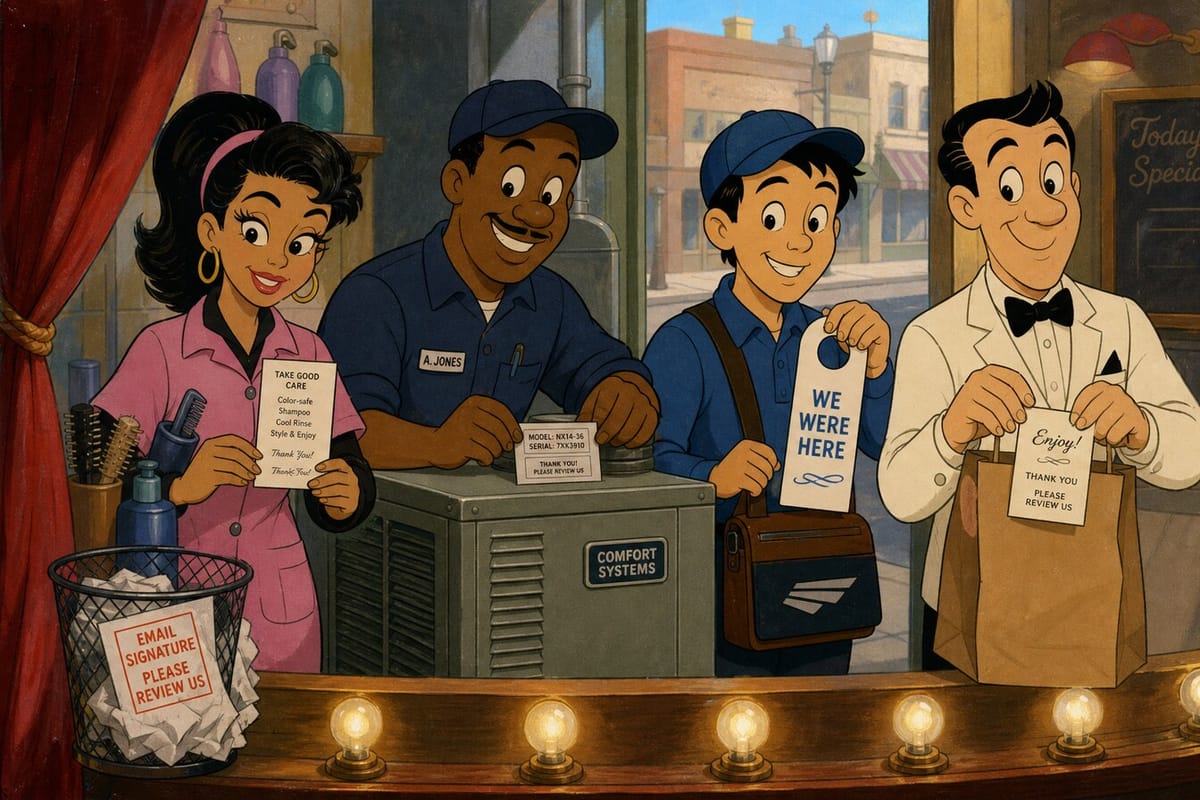 Cartoon still of mixed trades putting review asks on a care card, HVAC tag, door hanger, and leftover bag, with an email-signature printout in the trash