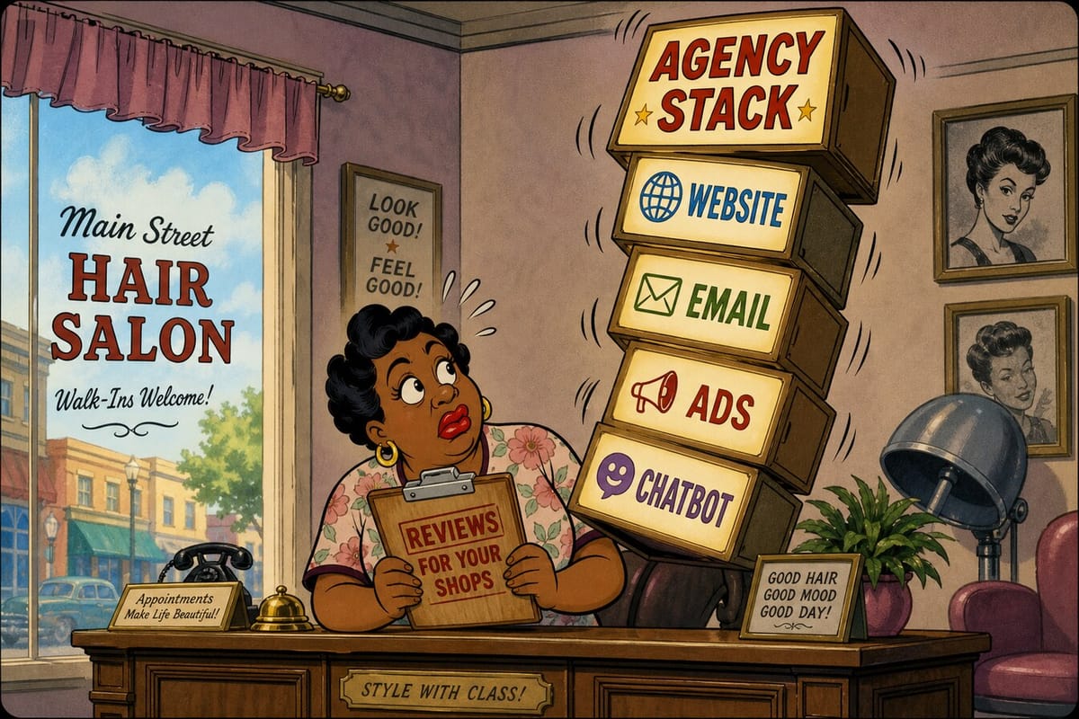 Cartoon still of a salon owner with a teetering agency stack versus a reviews clipboard