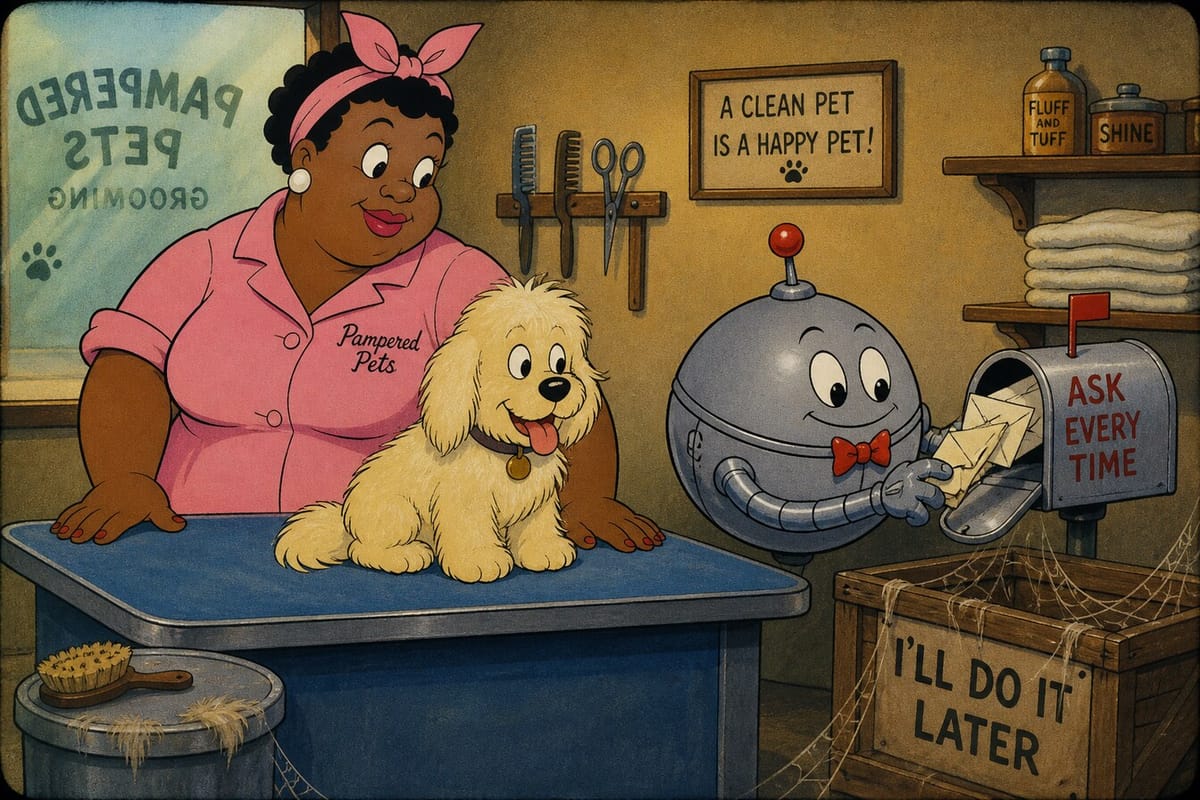 Cartoon still of a pet groomer watching a robot ask every time