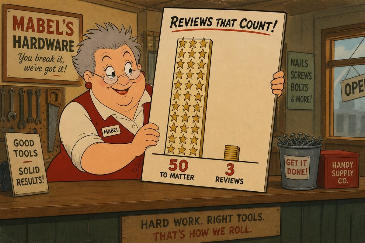 Cartoon still of a hardware store owner showing 50 reviews versus 3