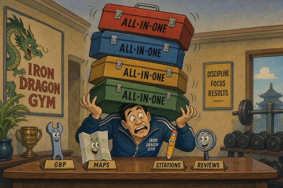 Cartoon still of a gym owner crushed by ALL-IN-ONE toolboxes next to four small tools