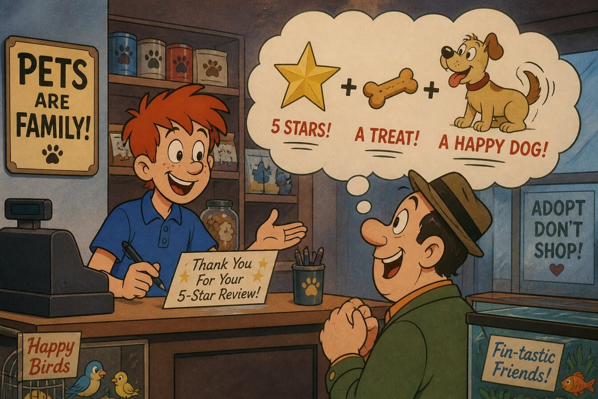Cartoon still of a pet shop customer thinking about why they left a review