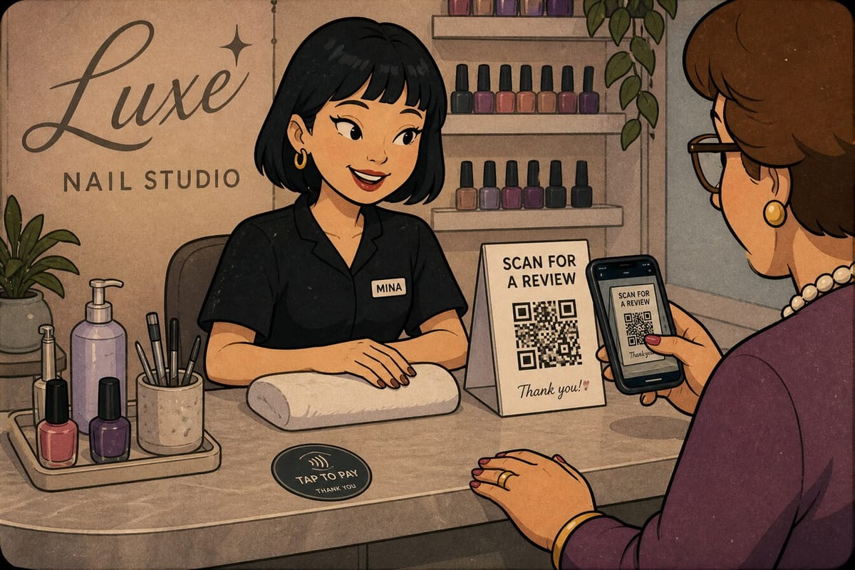 Cartoon still of a nail salon customer scanning SCAN FOR A REVIEW