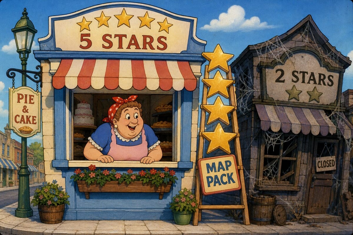Cartoon still of a bakery climbing a MAP PACK star ladder next to a cobwebbed 2-star shop