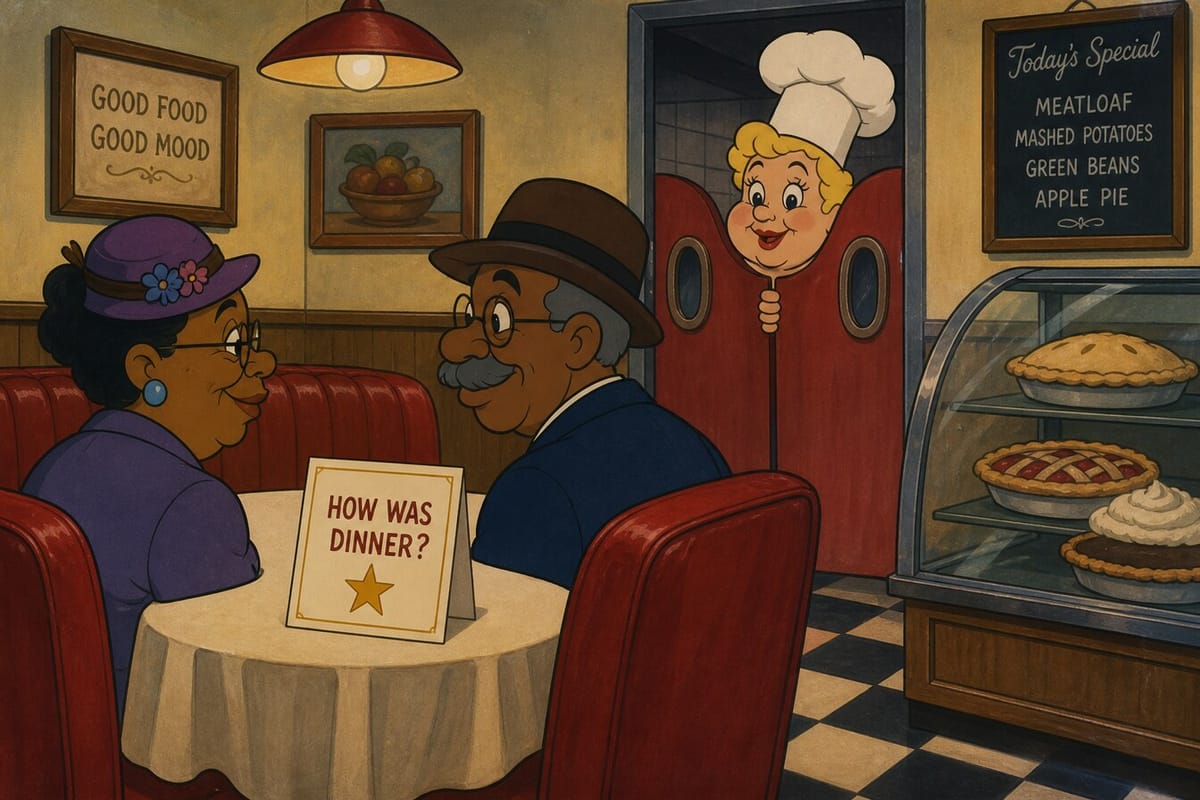 Cartoon still of an older couple at a diner with a HOW WAS DINNER card