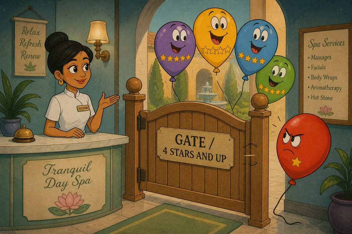 Cartoon still of a spa gate letting four-star balloons in and blocking a one-star