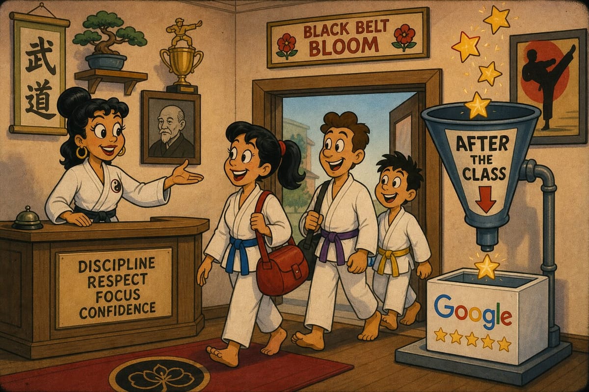 Cartoon still of a martial arts studio funneling after-class stars into Google