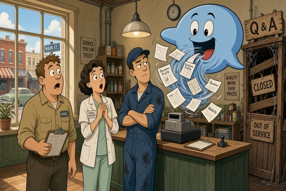 Shop owners watch Ask Maps vacuum profile cards while a closed Q&A booth sits unused