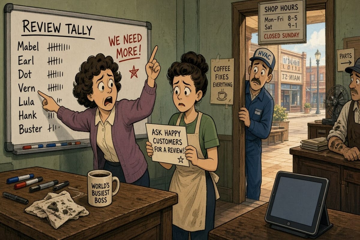 Cartoon shop back office: manager points at a review-tally whiteboard while staff look sheepish and a lobby tablet sits unused