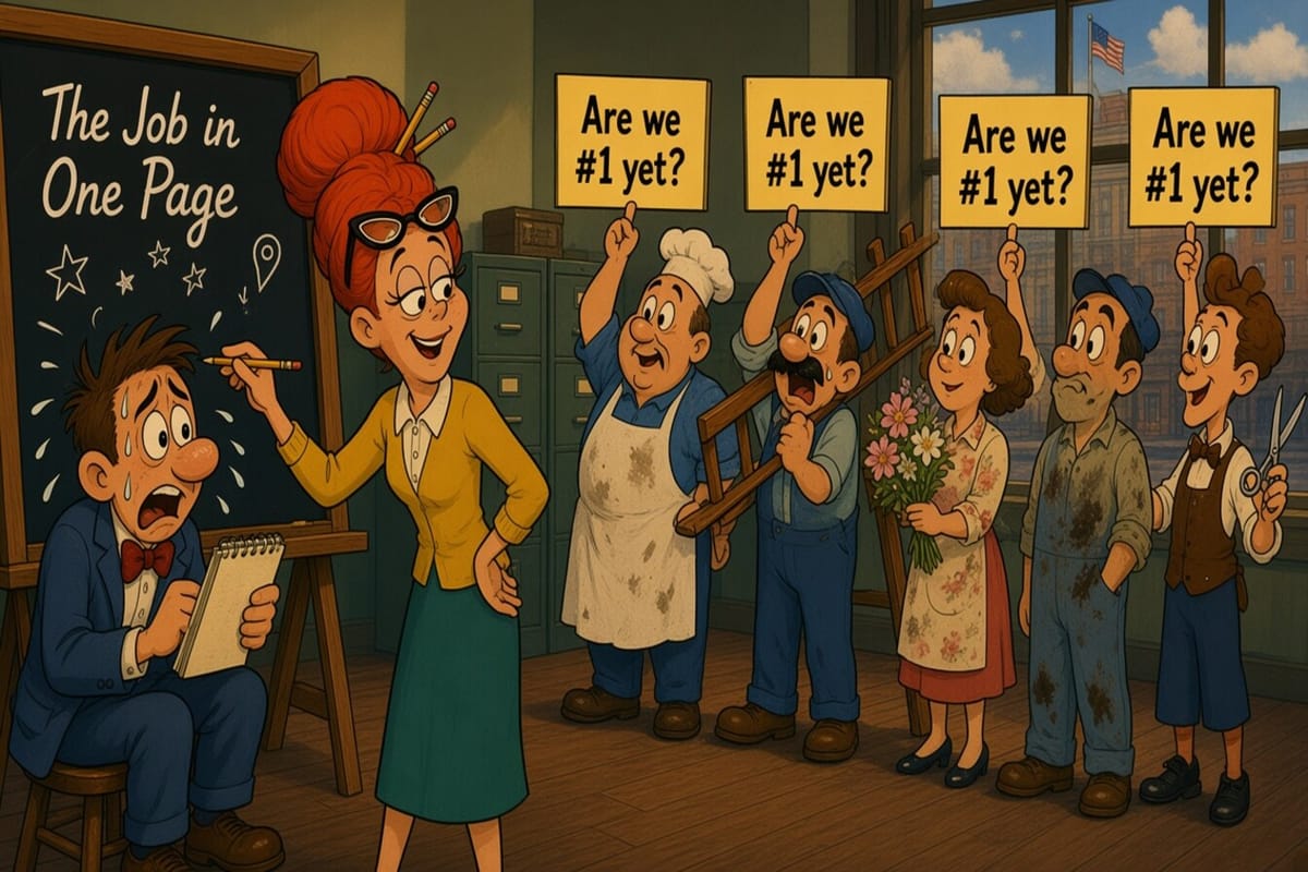 Cartoon account manager points at a chalkboard titled The Job in One Page while a nervous rookie takes notes and local clients hold signs asking Are we #1 yet?