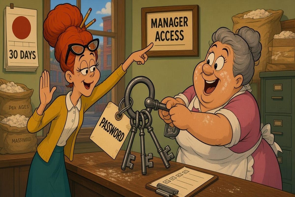 Cartoon account manager politely refuses a giant key ring labeled PASSWORD from an eager baker and points to a MANAGER ACCESS sign