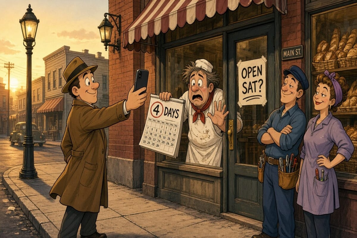 Cartoon customer photographs an OPEN SAT? sign while a baker clutches a 4 DAYS calendar