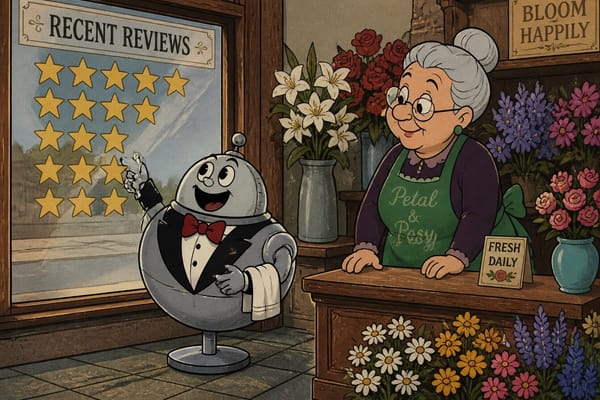Cartoon still of a florist shop with a robot pointing to recent reviews