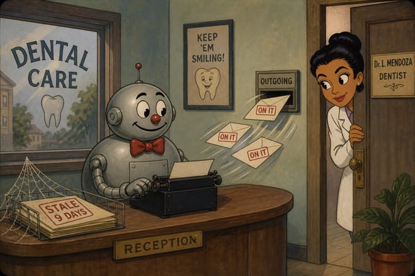 Cartoon still of a dental office robot typing ON IT replies