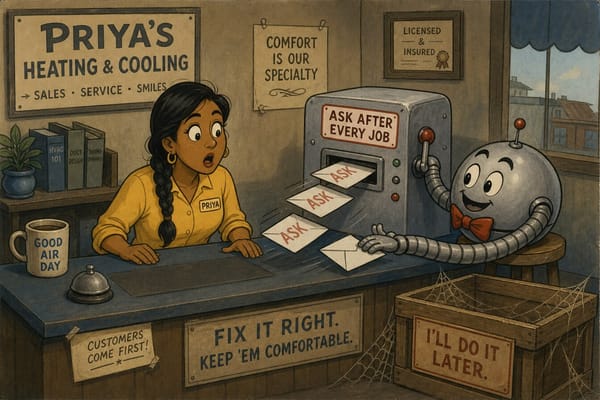 Cartoon still of an HVAC owner watching a robot ask after every job