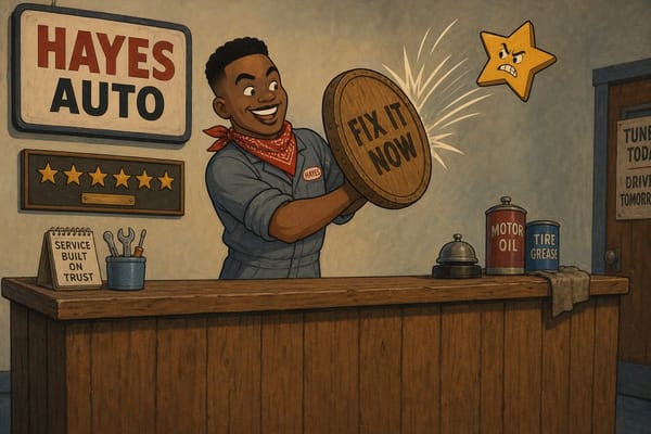 Cartoon still of an auto mechanic blocking an angry one-star with a FIX IT NOW shield