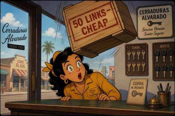 Cartoon still of a locksmith as a crate stamped 50 LINKS CHEAP falls toward her