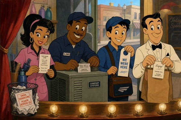 Cartoon still of mixed trades putting review asks on a care card, HVAC tag, door hanger, and leftover bag, with an email-signature printout in the trash
