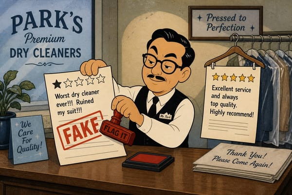 Cartoon still of a dry cleaner stamping FLAG IT on a fake one-star