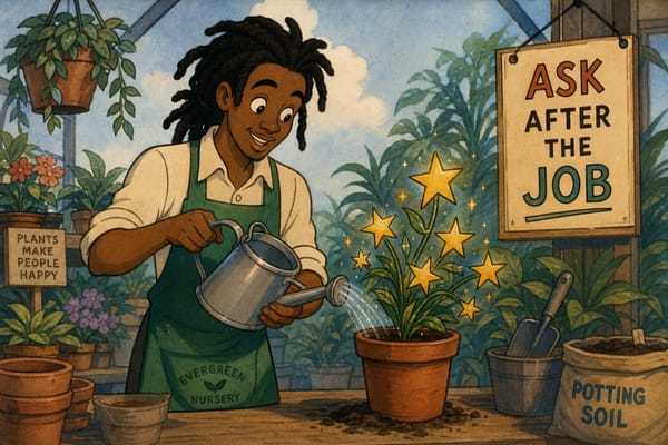 Cartoon still of a nursery owner watering a plant that grows gold stars