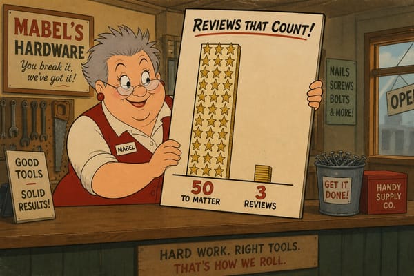 Cartoon still of a hardware store owner showing 50 reviews versus 3