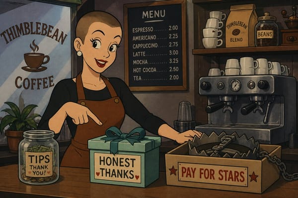 Cartoon still of a barista pointing to HONEST THANKS instead of PAY FOR STARS