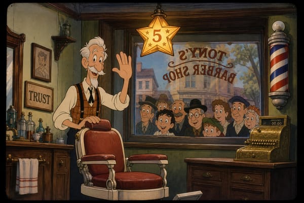 Cartoon still of a barber waving as neighbors crowd the window under a five-star lantern