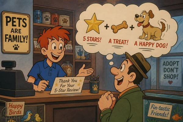 Cartoon still of a pet shop customer thinking about why they left a review