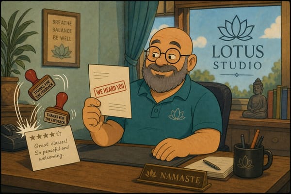 Cartoon still of a yoga studio owner stamping WE HEARD YOU instead of a generic thanks