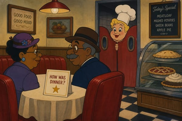 Cartoon still of an older couple at a diner with a HOW WAS DINNER card