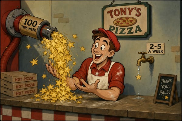 Cartoon still of a pizza shop catching a firehose of stars versus a dripping faucet