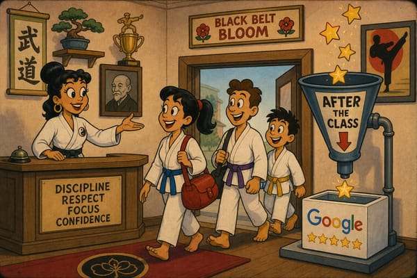 Cartoon still of a martial arts studio funneling after-class stars into Google