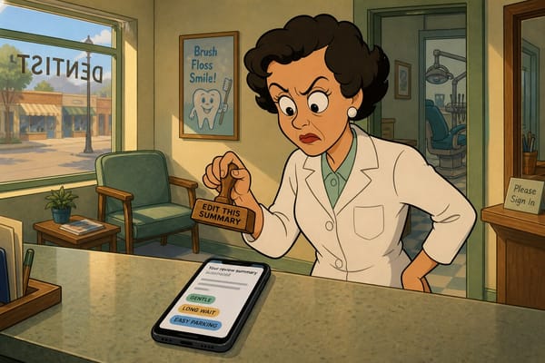 Cartoon dentist in her office looking at an AI review summary on a smartphone while holding an EDIT THIS SUMMARY stamp