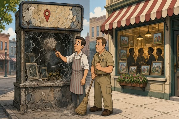 Barber and HVAC tech dust cobwebs off a neglected Maps kiosk beside a lively competing storefront