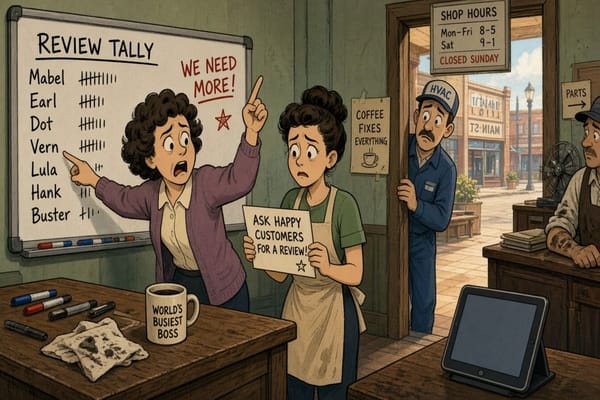 Cartoon shop back office: manager points at a review-tally whiteboard while staff look sheepish and a lobby tablet sits unused