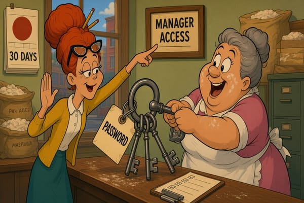 Cartoon account manager politely refuses a giant key ring labeled PASSWORD from an eager baker and points to a MANAGER ACCESS sign