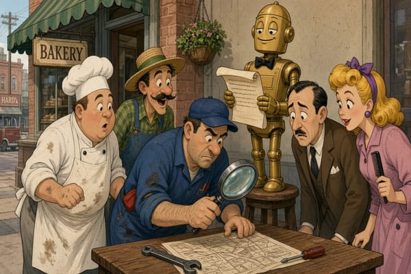 Cartoon shop owners with a magnifying glass while a robot butler reads a short list
