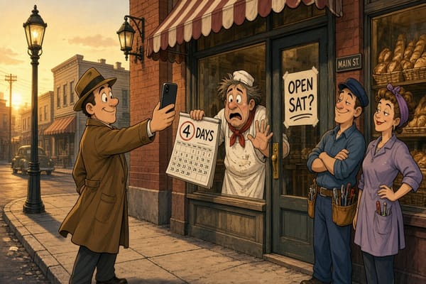 Cartoon customer photographs an OPEN SAT? sign while a baker clutches a 4 DAYS calendar