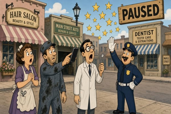 Cartoon Main Street: traffic cop freezes flying gold review stars midair while salon, auto, and dentist owners stare